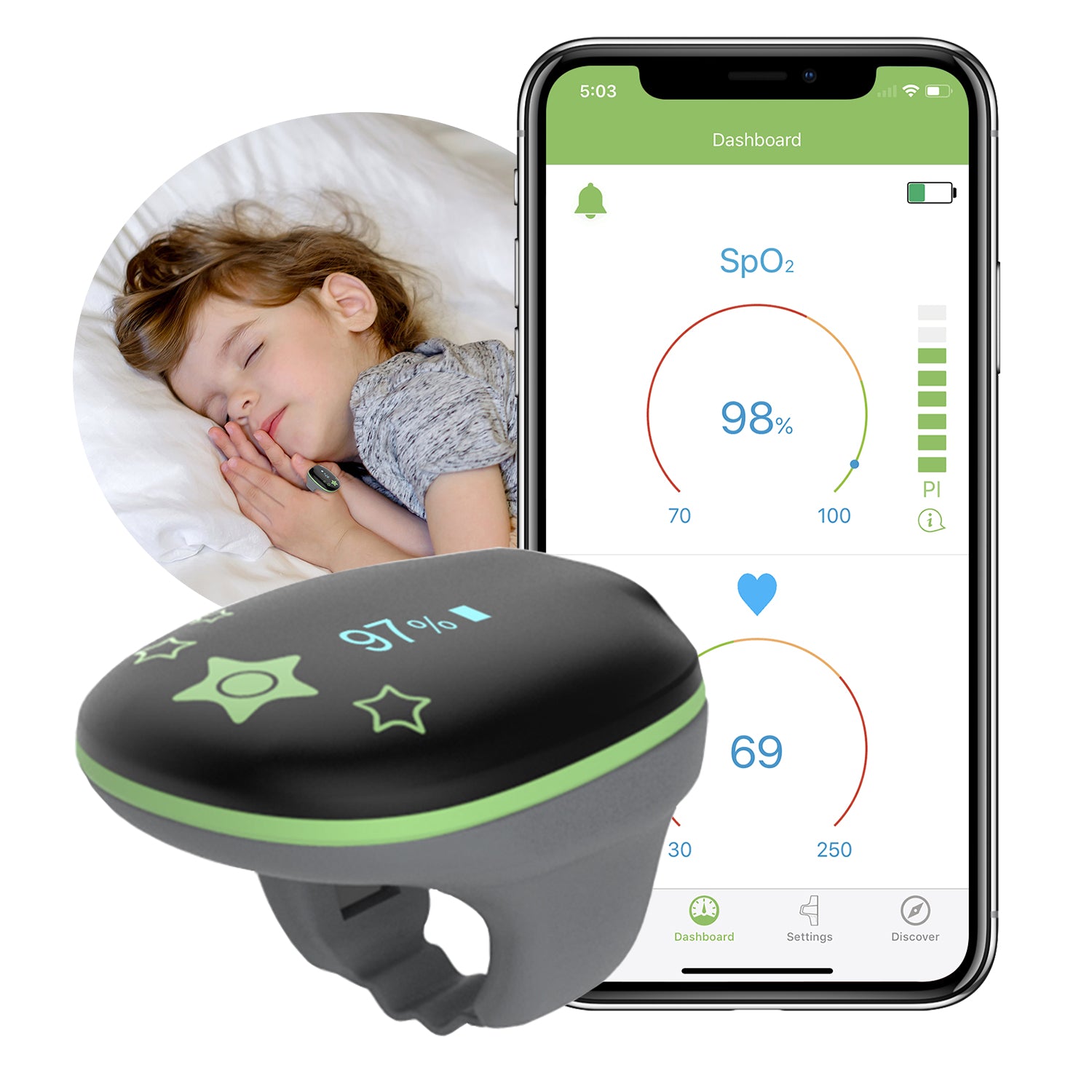 LOOKEE KidsO2 Sleep Oxygen Monitor Children Overnight Continuous Pulse Oximeter