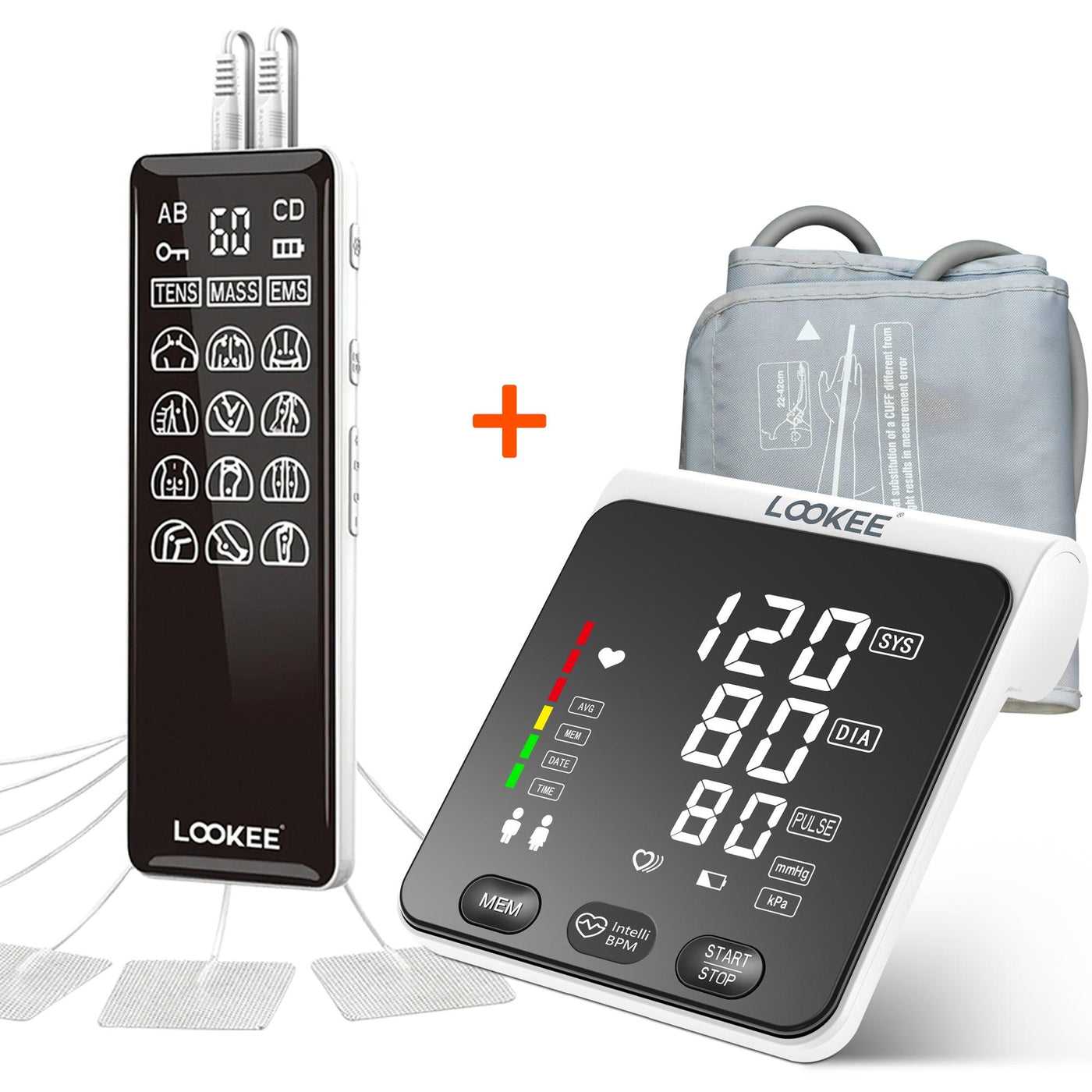 LOOKEE® VitalPulse & Pain Relief Bundle: LOOKEE® A2 Premium Automatic Upper Arm Blood Pressure Monitor + LOOKEE® LK113 Premium LED 4-Channel TENS Unit EMS Massage Muscle Stimulator