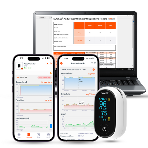 LOOKEE A320B Bluetooth Finger Pulse Oximeter | Proudly Canadian | Medical Accuracy SpO2 Oxygen Monitor with Alarm, Free LOOKEE App, Oxygen & Pulse Rate Tracking, Cloud Backup, PDF Reports, PI, Batteries & Lanyard