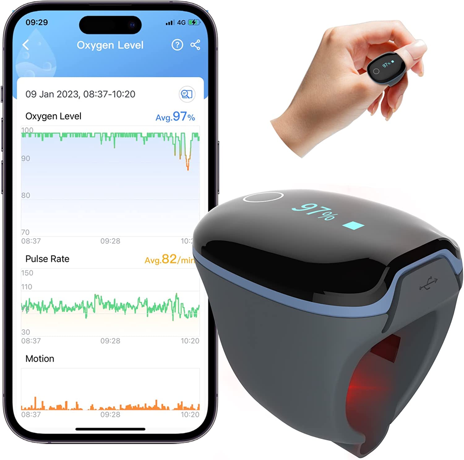 LOOKEE® O2Ring Continuous Ring Oximeter | Overnight Track Oxygen Level & Heart Rate with Vibration Alert on Finger
