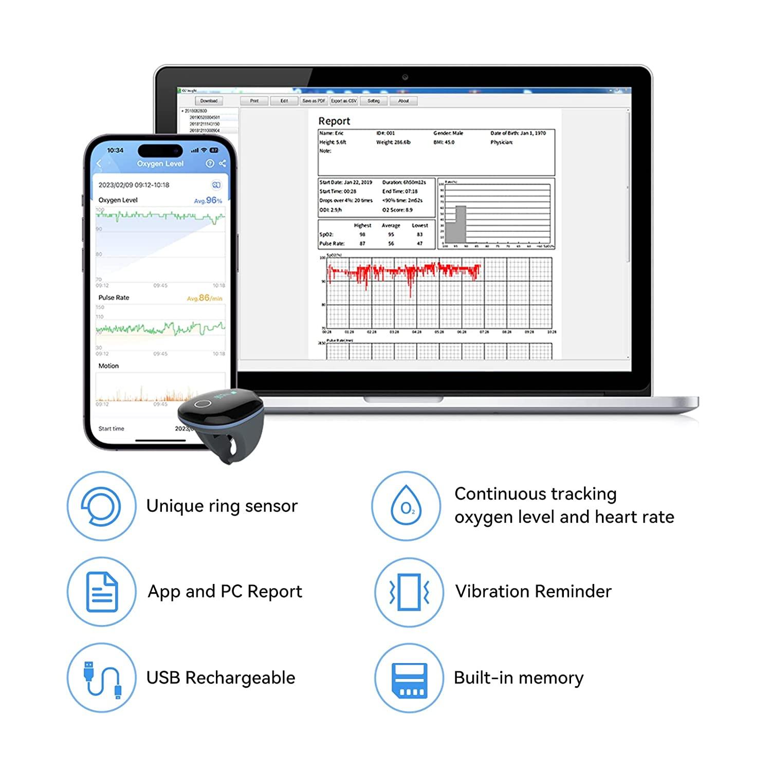 LOOKEE® O2Ring Continuous Ring Oximeter | Sleep Oxygen Monitor with PC & Mobile App Reporting
