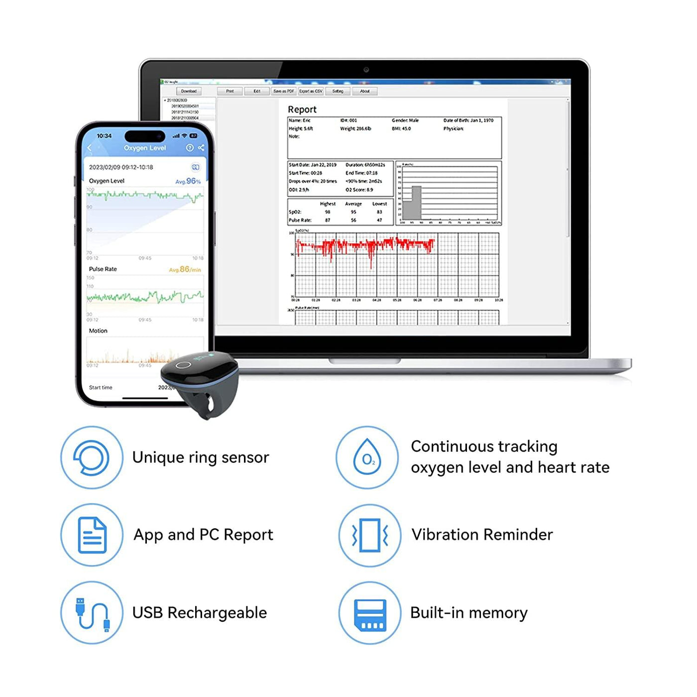 LOOKEE® O2Ring Continuous Ring Oximeter | Sleep Oxygen Monitor with PC & Mobile App Reporting