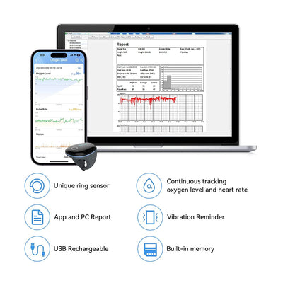 LOOKEE® O2Ring Continuous Ring Oximeter | Overnight Track Oxygen Level & Heart Rate with Vibration Alert on Finger