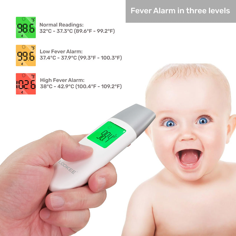 LOOKEE Petite Infrared Touchless Forehead Thermometer for Adults and Kids 3 in 1 Baby Thermometer with Fever Alarm and Memory of 35 Readings