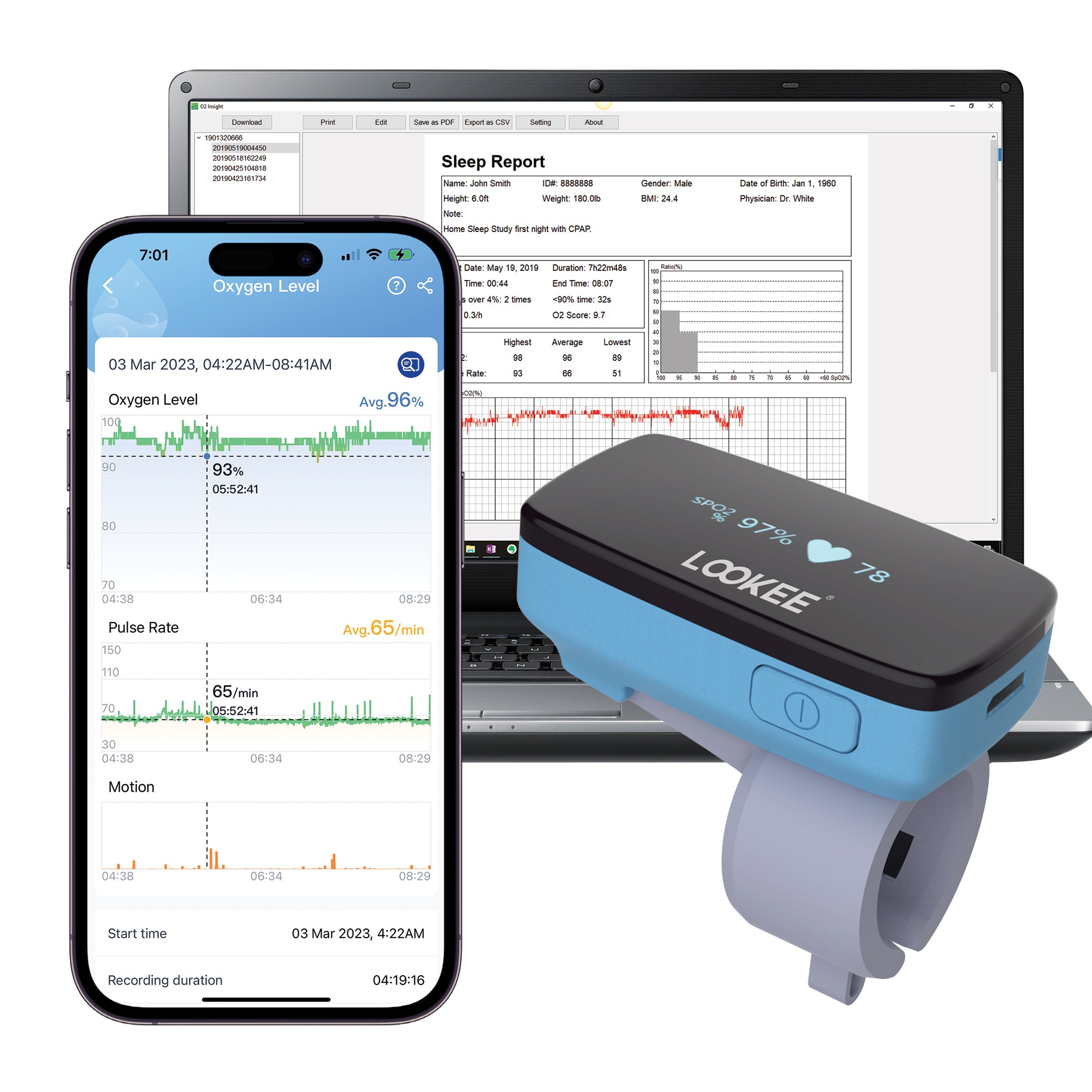 LOOKEE® Ring-Pro Sleep Oxygen Monitor with PC & Mobile Apps