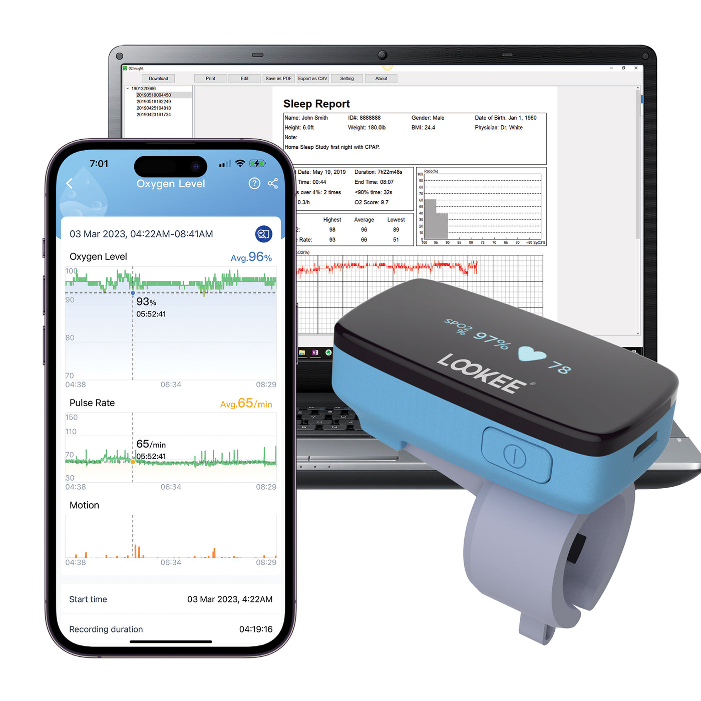 LOOKEE® Ring-Pro Sleep Oxygen Monitor with PC & Mobile Apps