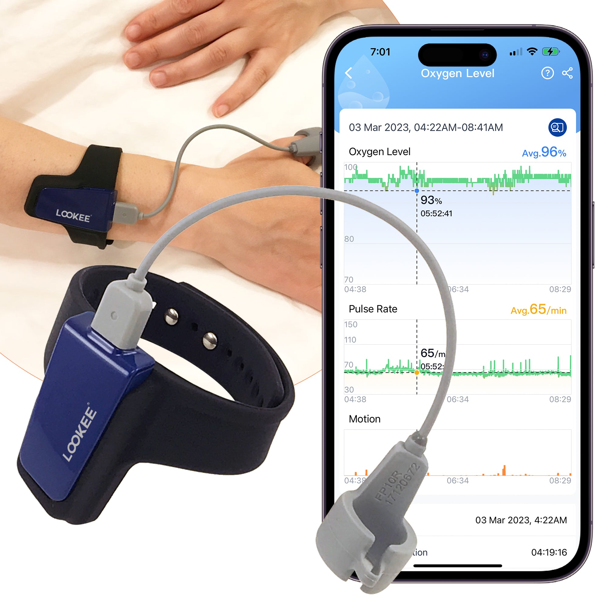 LOOKEE® Wrist Sleep Oxygen Monitor with Vibration Alarm for Apnea Events & Low O2 | Overnight Pulse Oximeter Tracks Blood Oxygen Level and Heart Rate