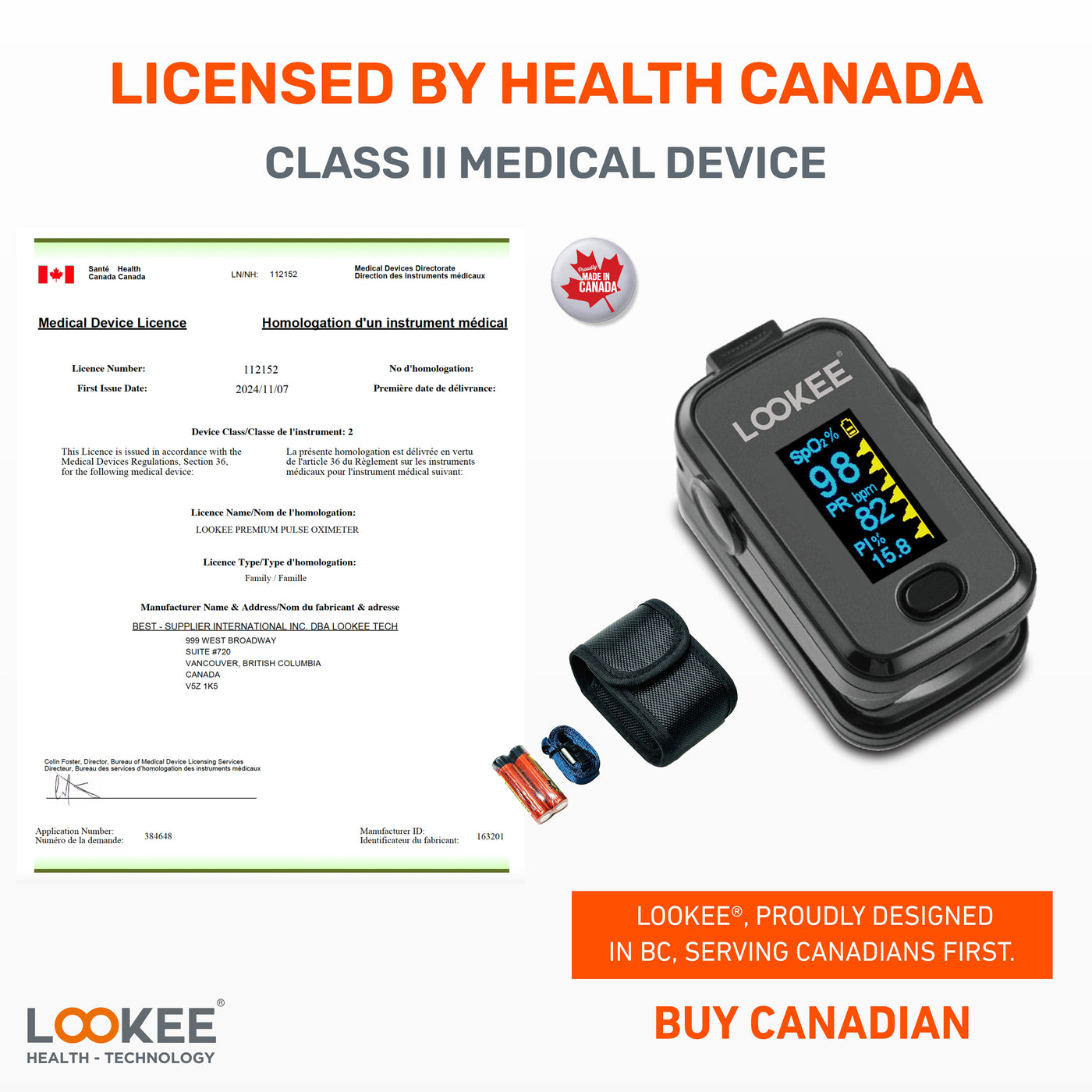 LOOKEE® Finger Pulse Oximeter | Licensed By Health Canada