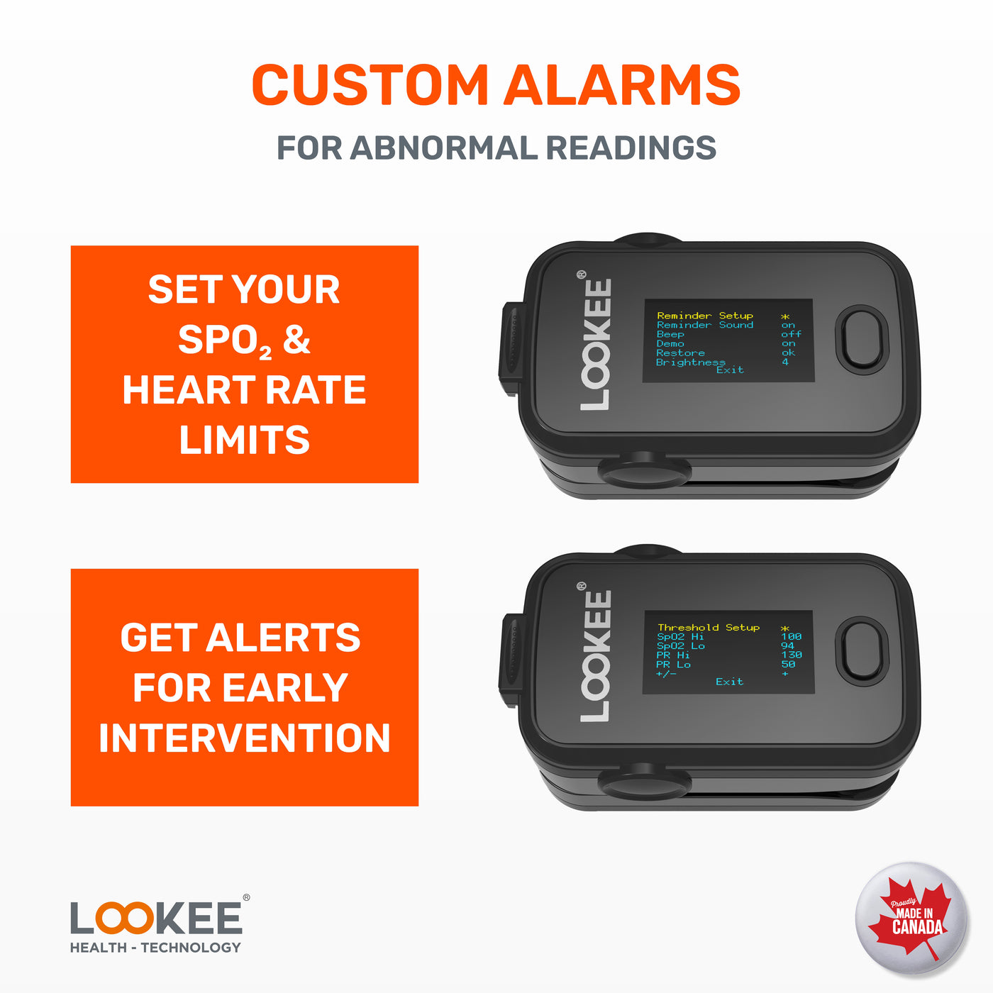 LOOKEE® Finger Pulse Oximeter | Custom Alarms for Abnormal Readings