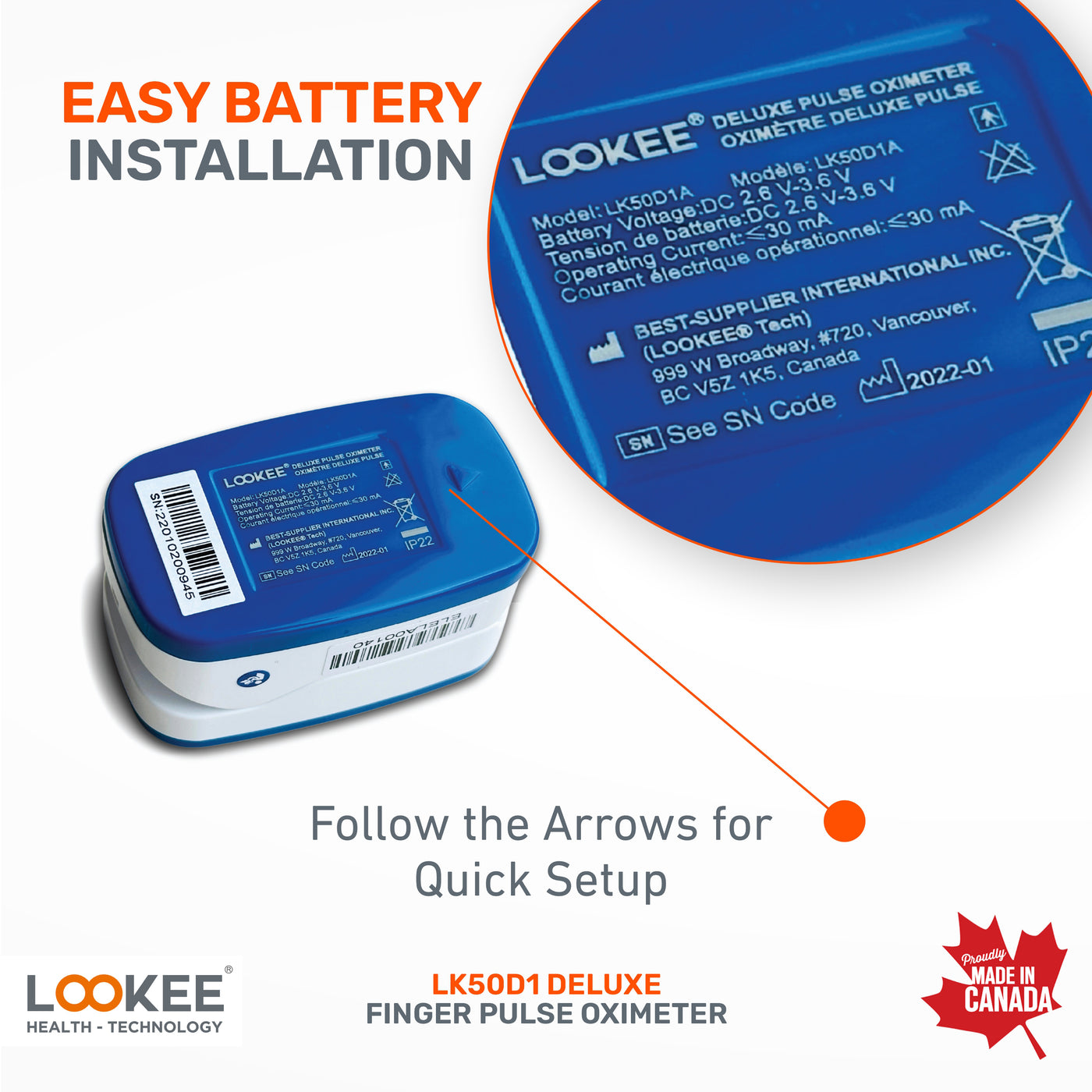 LOOKEE® Finger Pulse Oximeter | Easy Battery Installation