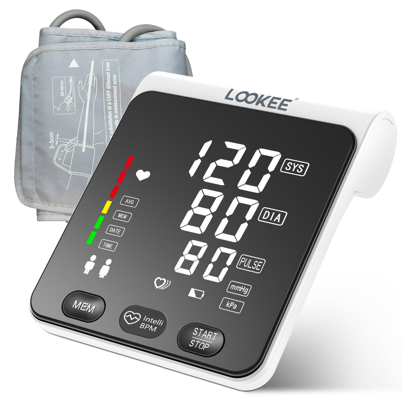 LOOKEE A2 Premium LED Automatic Upper Arm Blood Pressure Monitor | Super Large 6.4 inch Bright White LED Panel | Slim Body | Large Cuff 8.7 inch-16.5