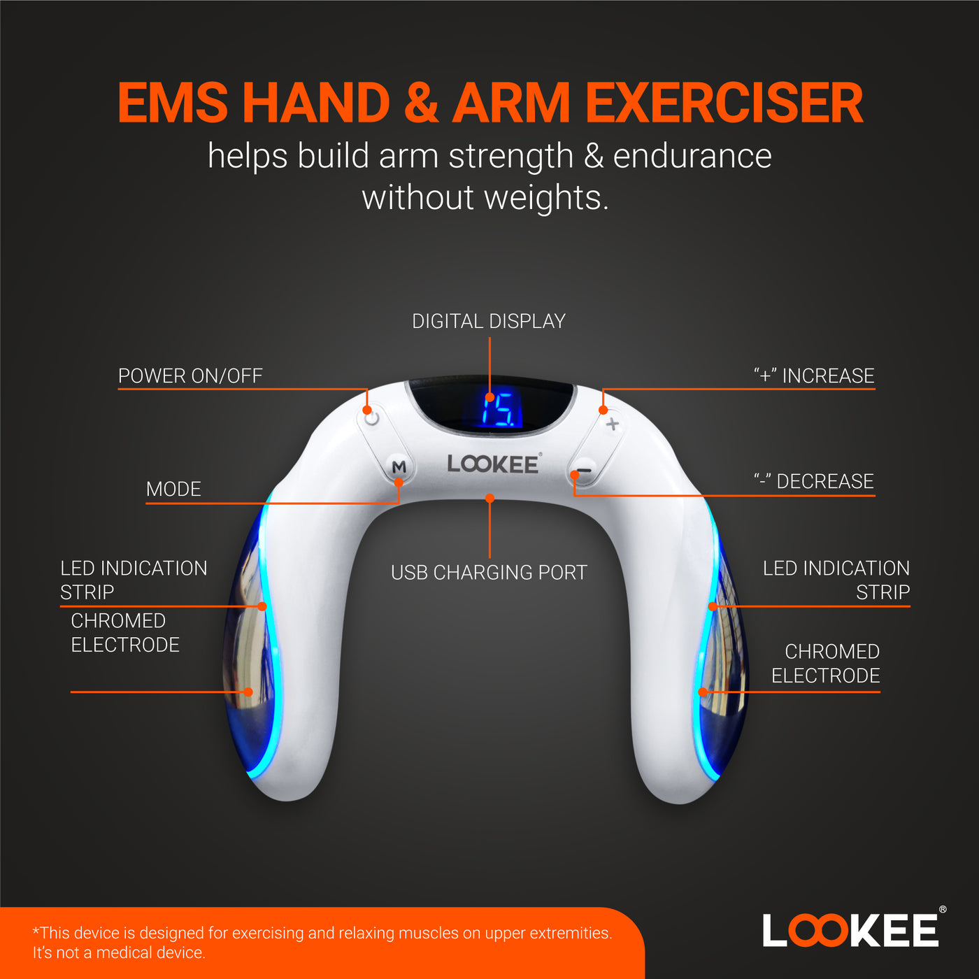 LOOKEE® A8 Arm Workout EMS Exerciser, Electric Muscle Stimulator Trainer Machine for Arms and Hands.