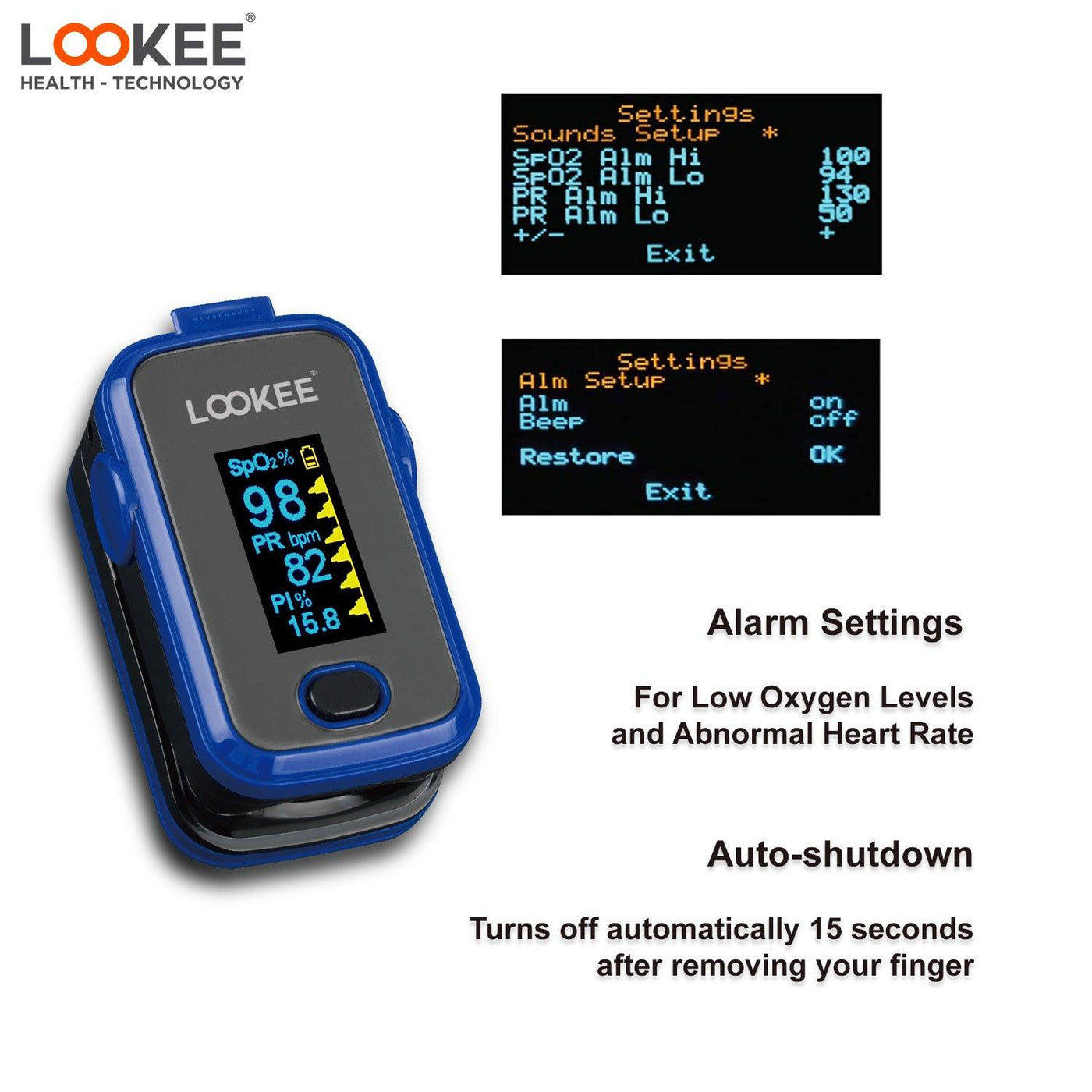 LOOKEE® A310 Premium Fingertip Pulse Oximeter | Finger SpO2 Blood Oxygen Saturation Monitor with Alarm and Perfusion Index | Available in Canada Only