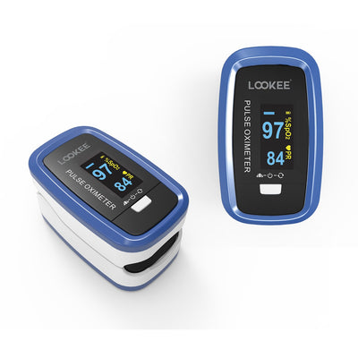 LOOKEE® LK50D1A Deluxe Finger Pulse Oximeter | Blood Oxygen Saturation Monitor with Auto-Rotate Screen, Plethysmograph Waveform | Batteries Included