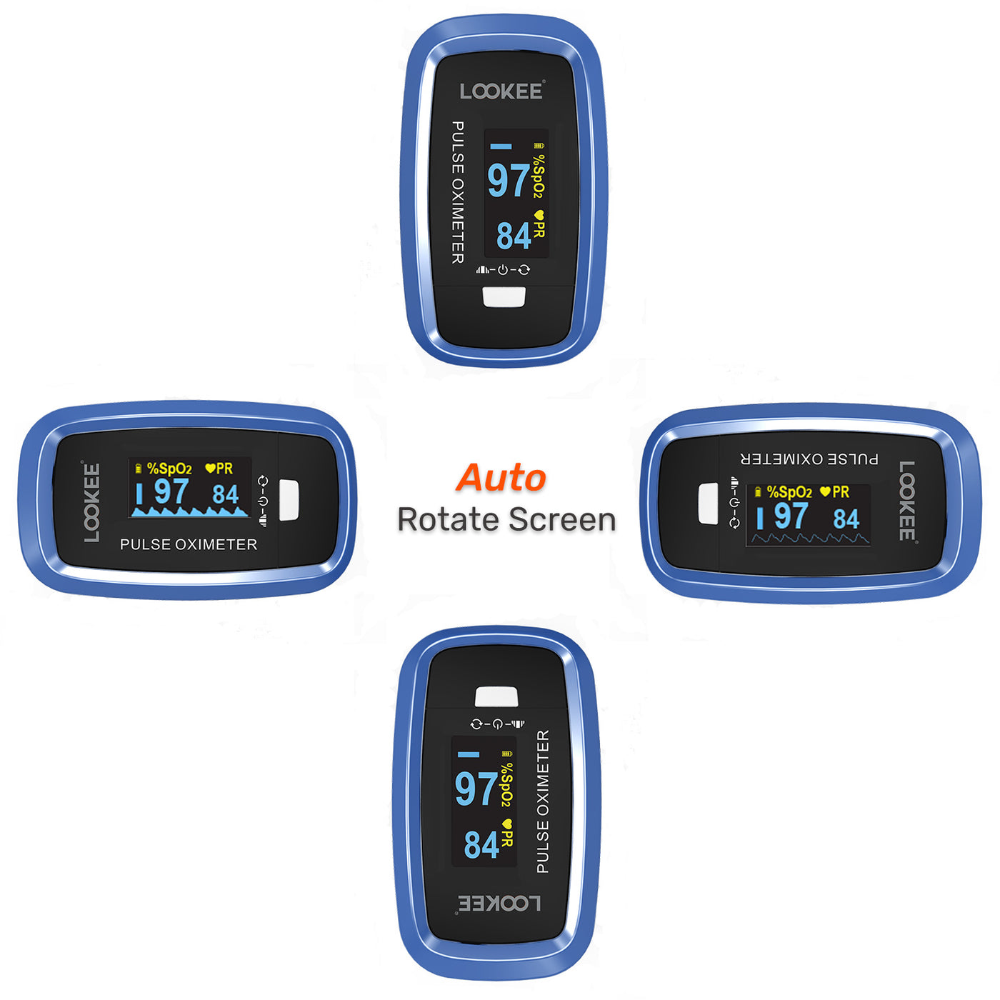 LOOKEE® LK50D1A Deluxe Finger Pulse Oximeter | Blood Oxygen Saturation Monitor with Auto-Rotate Screen | Available in Canada Only