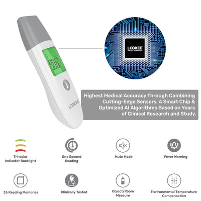 LOOKEE® Petite Infrared Touchless Forehead Thermometer for Adults and Kids | 3-in-1 Baby Thermometer with Fever Alarm and Memory of 35 Readings