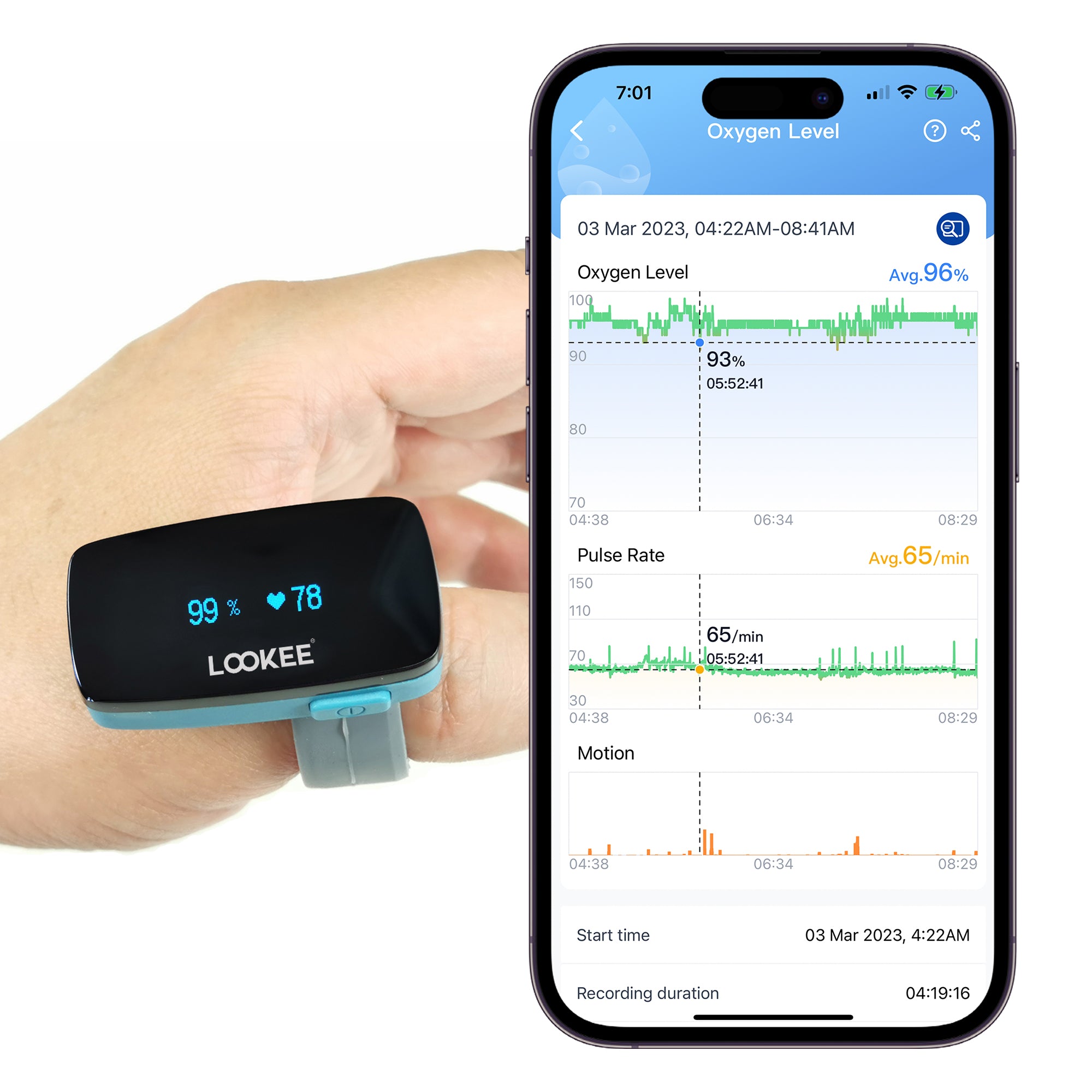 LOOKEE® Ring Sleep Oxygen Monitor with Vibration Reminder for Low O2 | Continuous Ring Pulse Oximeter Tracks Blood Oxygen Level and Heart Rate