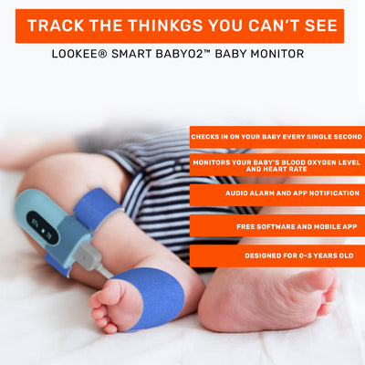 LOOKEE® BabyO2™ Baby Oxygen Monitor with Audio Alarm and App Notification | Track Oxygen Level, Heart Rate and Movement | Designed for 0-3 Years Old