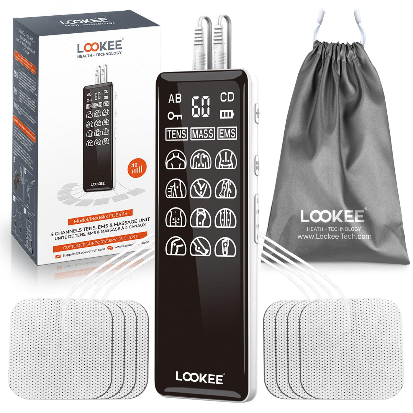 LOOKEE® LK113 Premium LED 4-Channel TENS Unit EMS Massage Muscle Stimu –  LOOKEETech