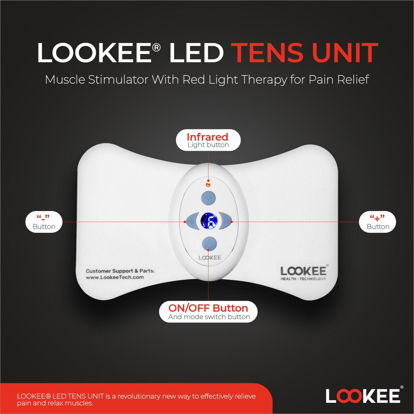 LOOKEE LED Tens Unit EMS Muscle Stimulator with Red Light Therapy for Pain Relief