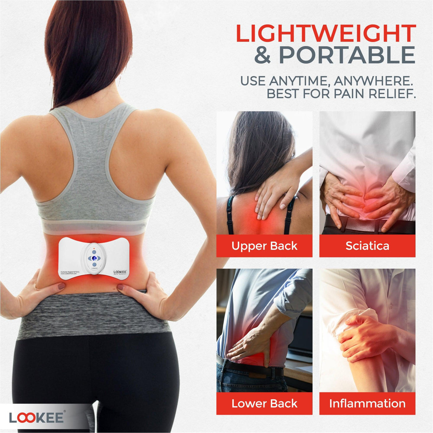 LOOKEE LED Tens Unit EMS Muscle Stimulator with Red Light Therapy for Pain Relief